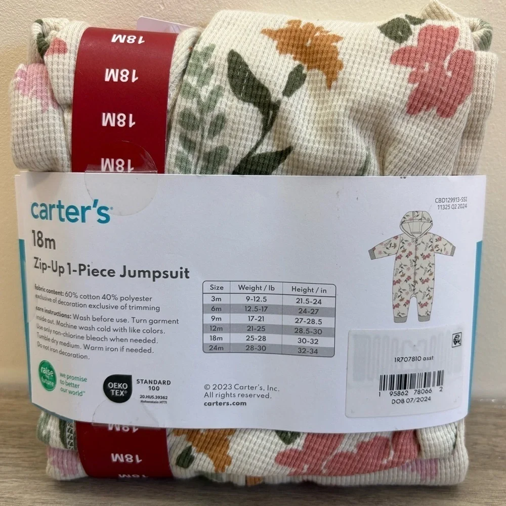 Carter's Floral Zip Front Hoodie Thermal Jumpsuit Size | 18M
